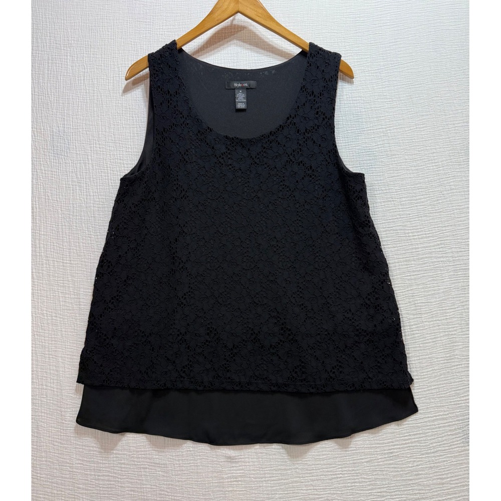 Style & Co Lace Tank Top Women Size M Black Layered Scoop Neck‎ Coquette Party
